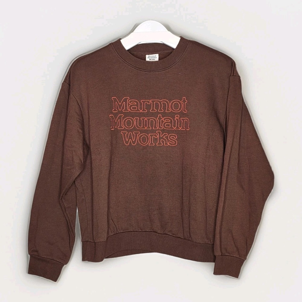 Marmot Mountain Works Cropped Crewneck Sweatshirt Med Brown Pullover Embroidered